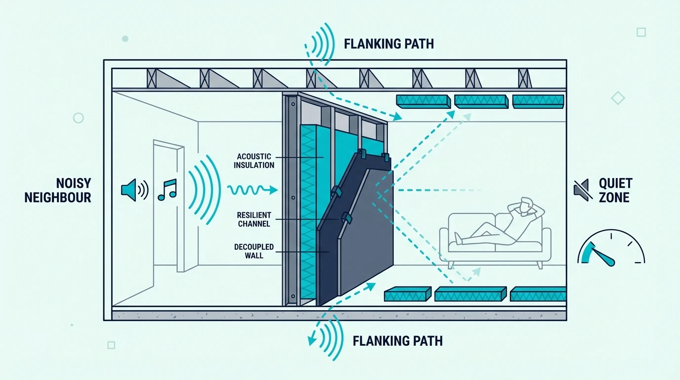 Flanking noise paths around a shared wall