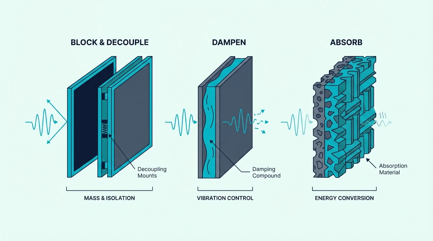Core soundproofing principles including mass, damping, and decoupling