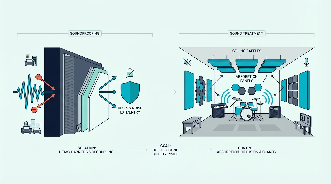 Comparison of soundproofing and acoustic treatment in a garage