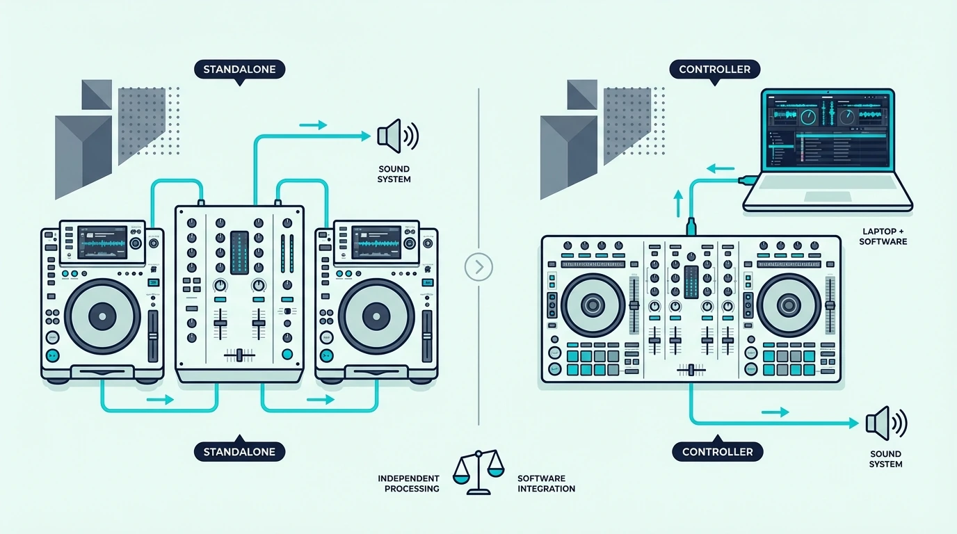 Standalone DJ mixer compared with DJ controller setup