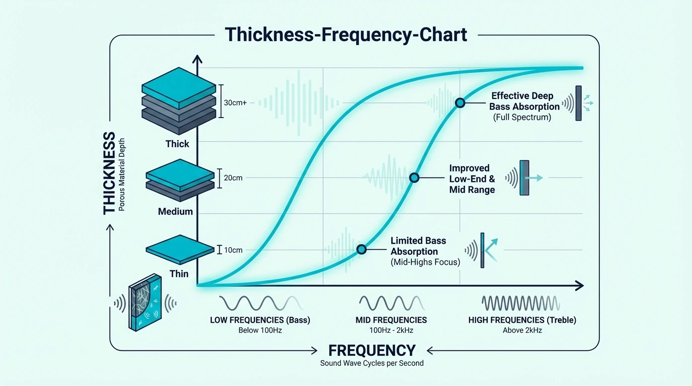 Chart linking bass trap thickness to absorbed frequency