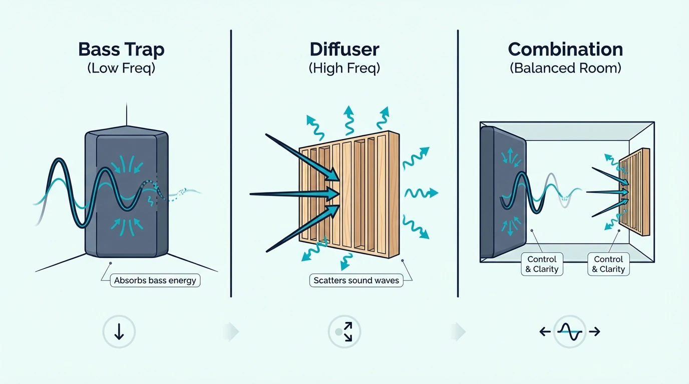 Three-way comparison of bass traps, diffusers, and absorbers