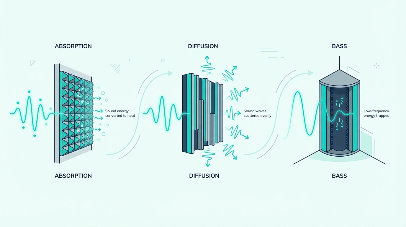 Three acoustic treatment types: absorption, diffusion, and bass control