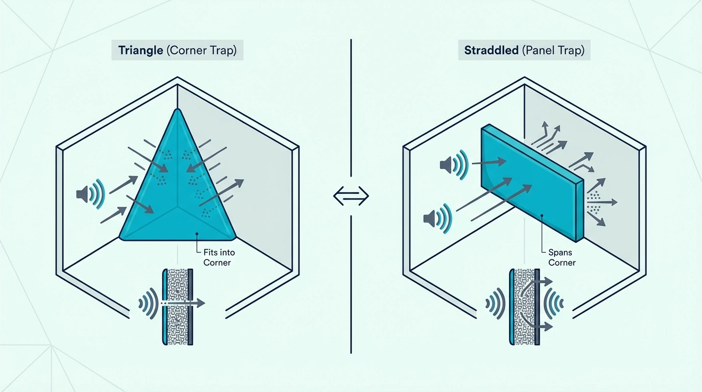 Triangular corner bass traps compared with straddled panel traps