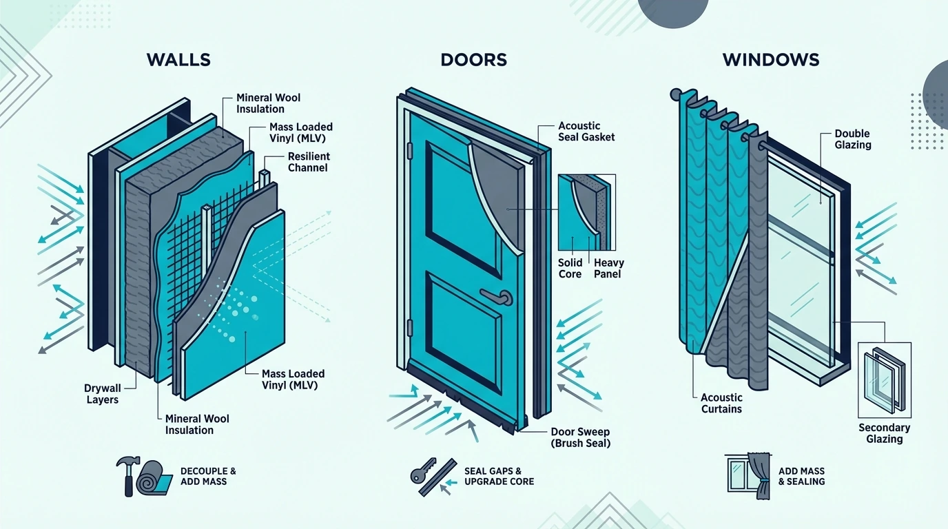 Soundproofing priorities for walls, doors, and windows