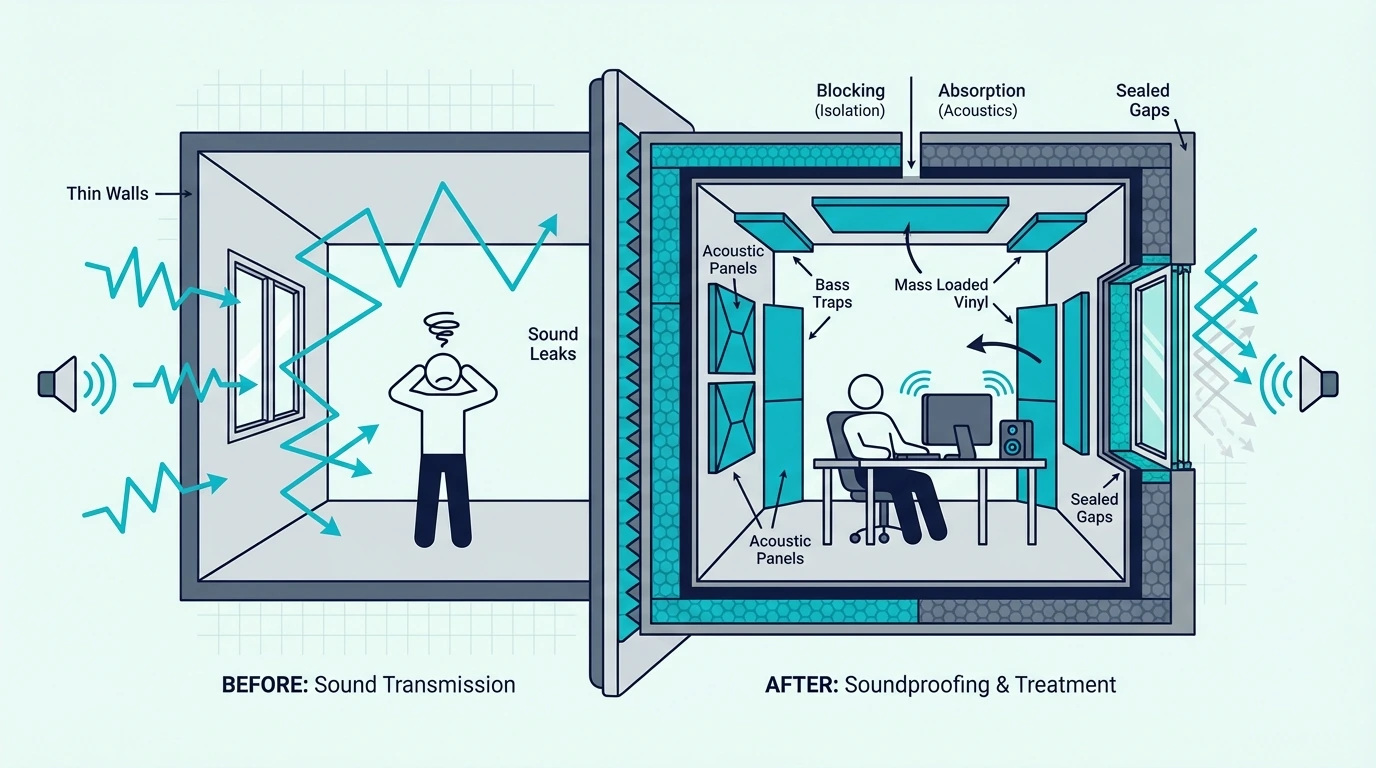 Diagram explaining what soundproofing a room means