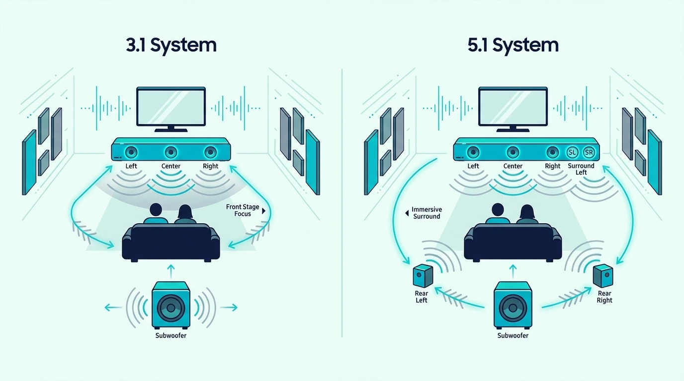 3.1 and 5.1 soundbar channel layouts compared