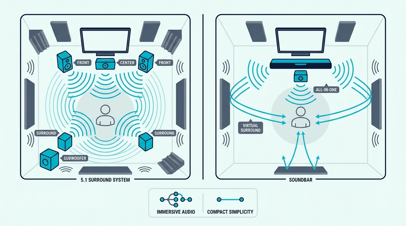 Traditional 5.1 surround system compared with a soundbar