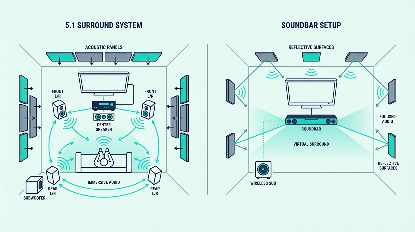 Room setup differences between 5.1 surround speakers and a soundbar