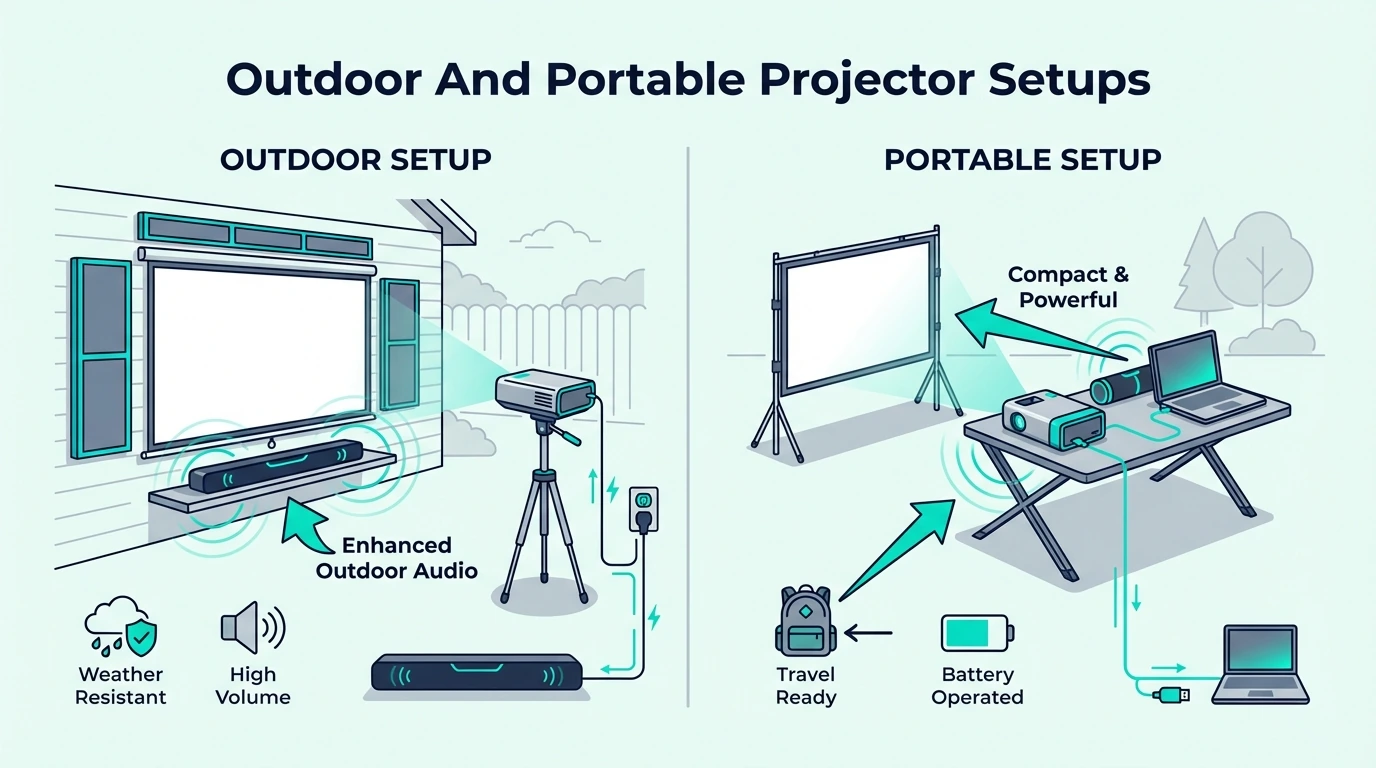 Outdoor and portable projector soundbar setups
