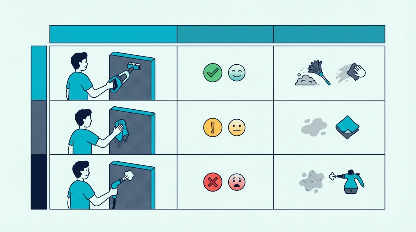 Chart comparing safe acoustic panel cleaning methods by risk and use case