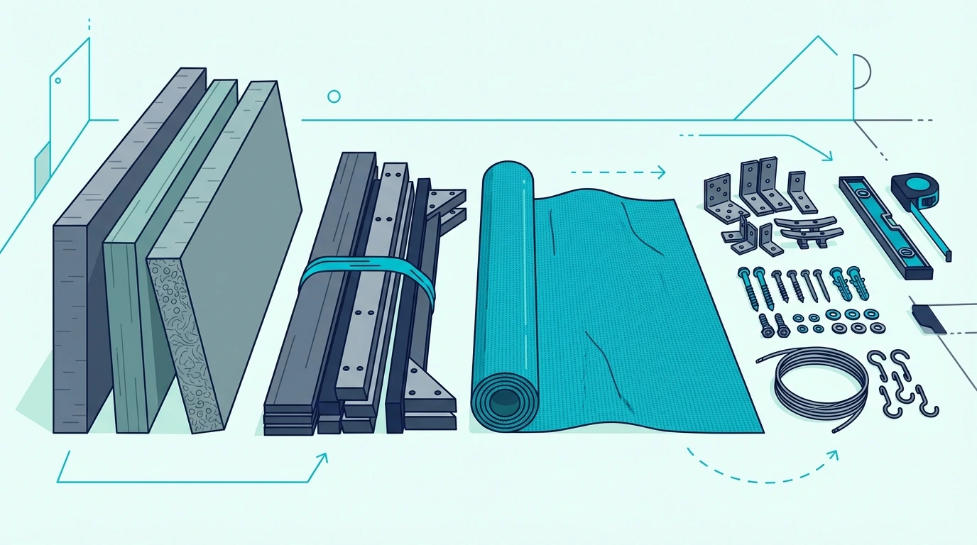 DIY bass trap materials including rigid insulation, wood frame pieces, fabric, and hardware