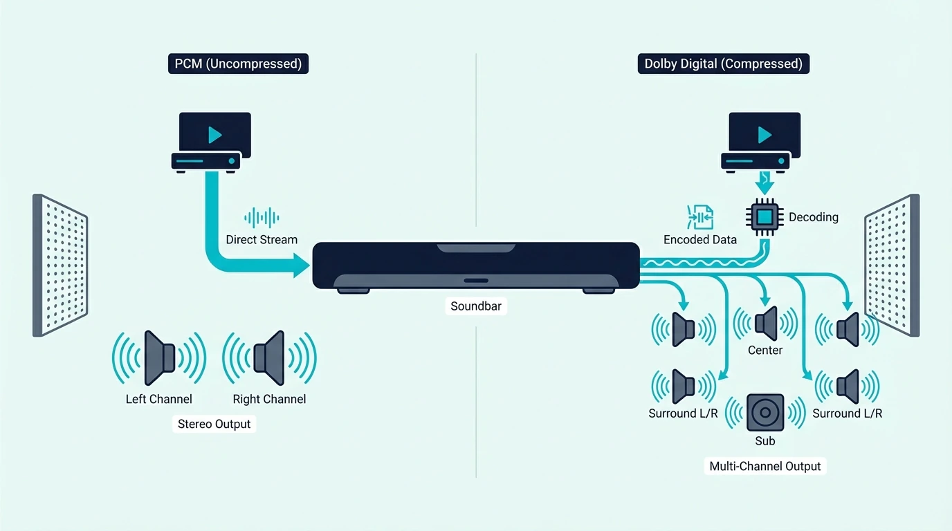 PCM and Dolby Digital soundbar settings compared