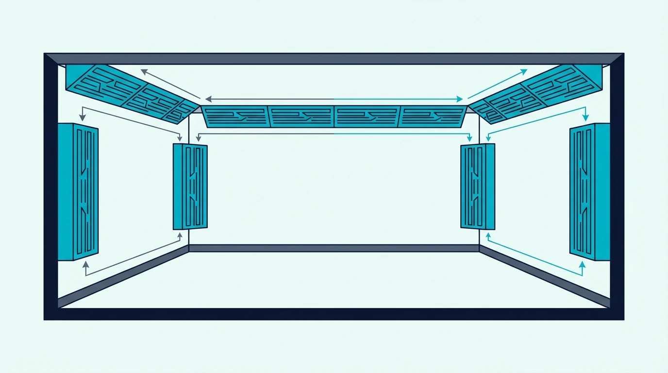 Room diagram showing bass trap placement in corners and ceiling junctions