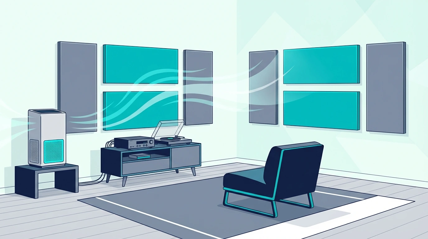 Clean listening room with maintained acoustic panels and an air purifier