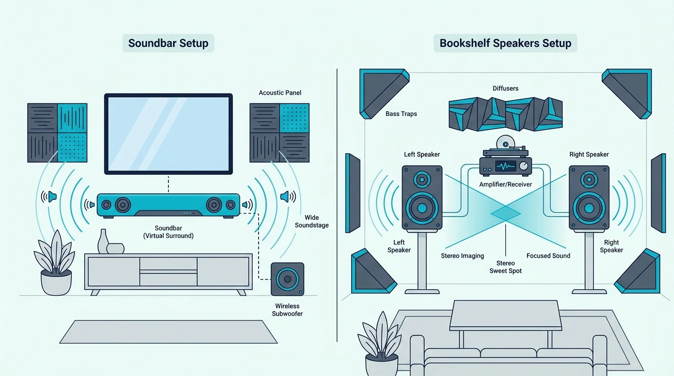 Soundbar compared with bookshelf speakers for TV audio
