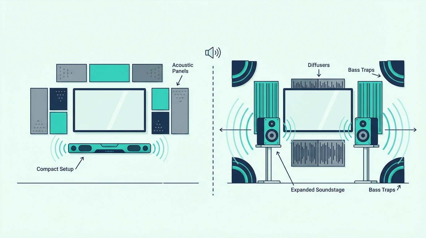 Space and sound quality differences between soundbars and bookshelf speakers