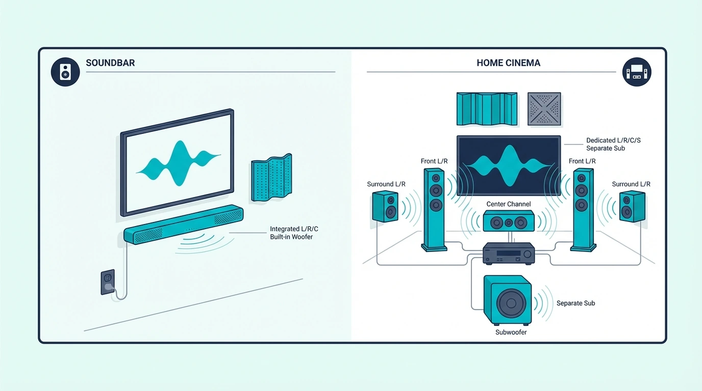 Soundbar compared with a home cinema speaker system