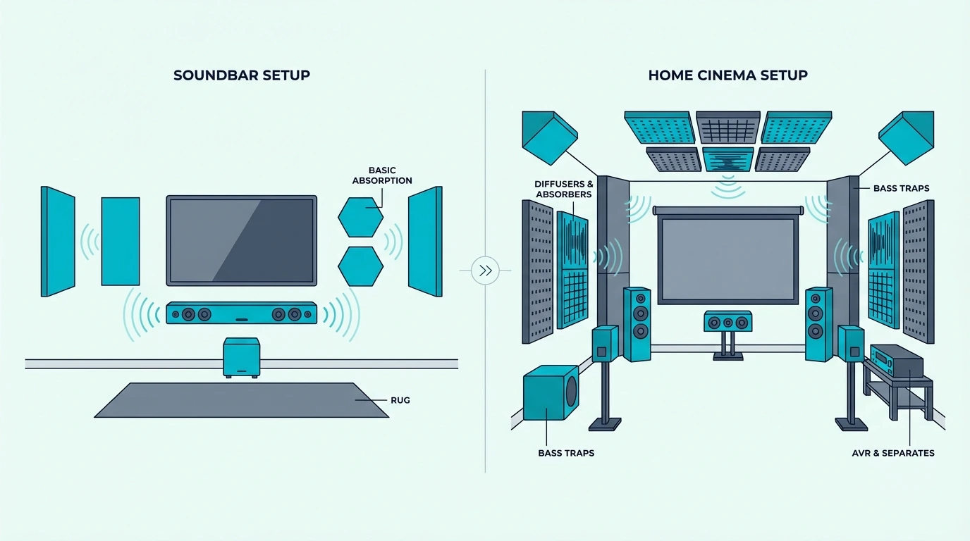 Setup and surround sound differences between soundbar and home cinema