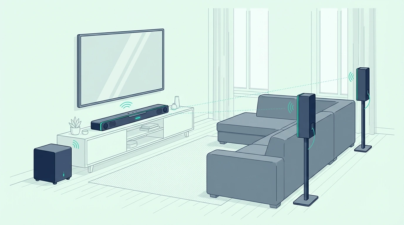 Expandable soundbar system with wireless rear speakers and subwoofer