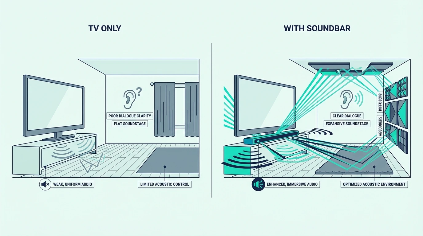TV audio compared with and without a soundbar