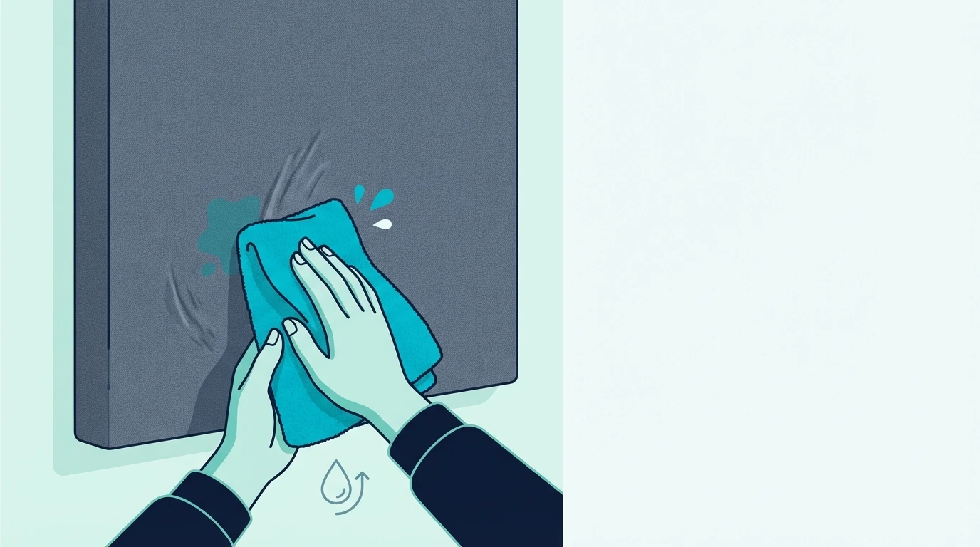 Gentle stain blotting on a fabric acoustic panel with a damp microfiber cloth