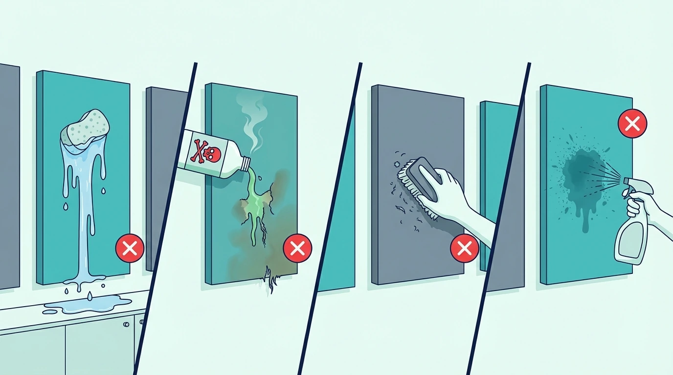Warnings against over-wetting, harsh chemicals, scrubbing, and direct spray
