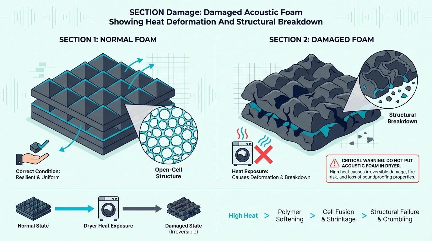 Heat-damaged acoustic foam showing warping and breakdown