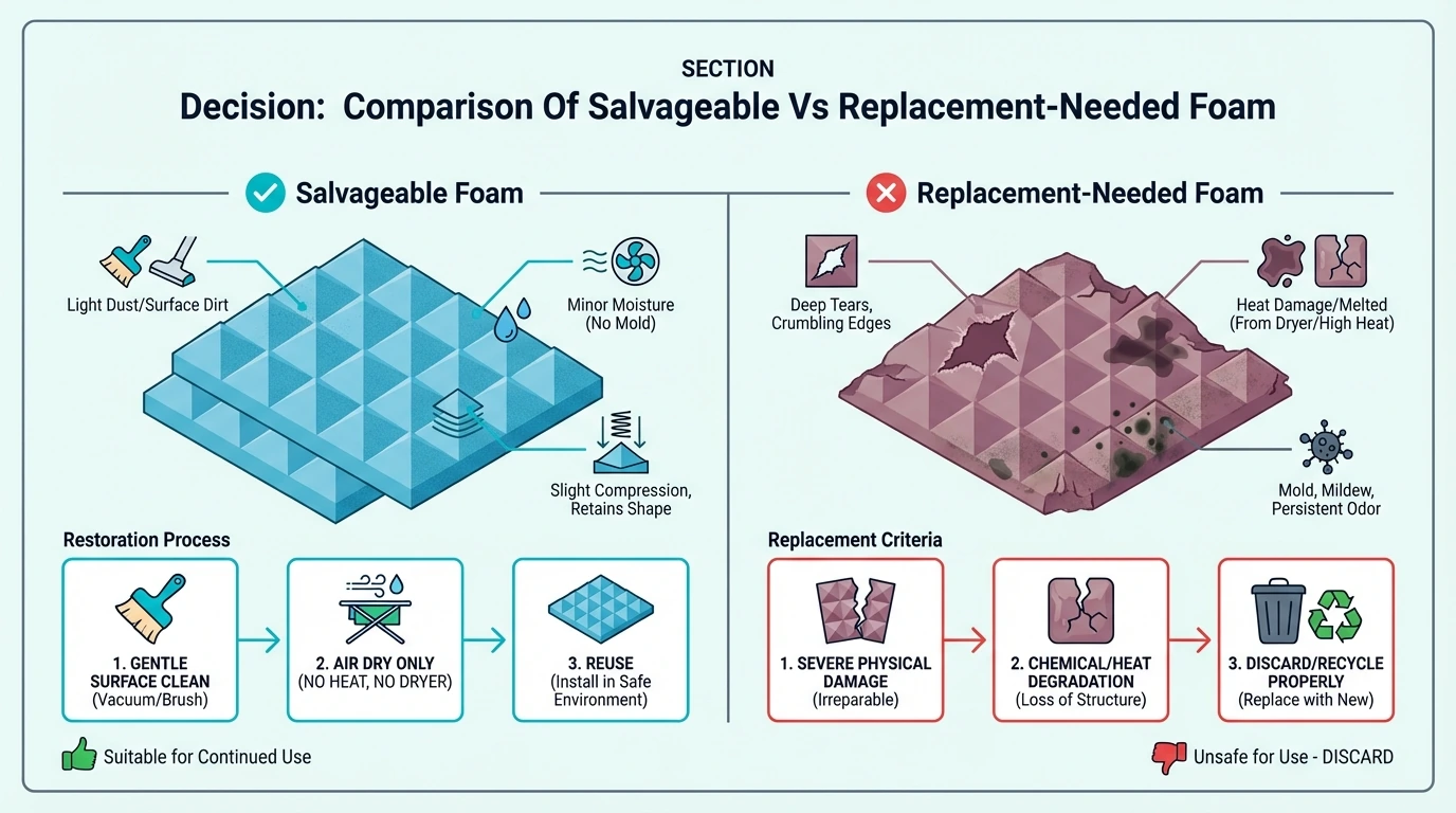 Wet acoustic foam comparison: salvageable vs replacement needed