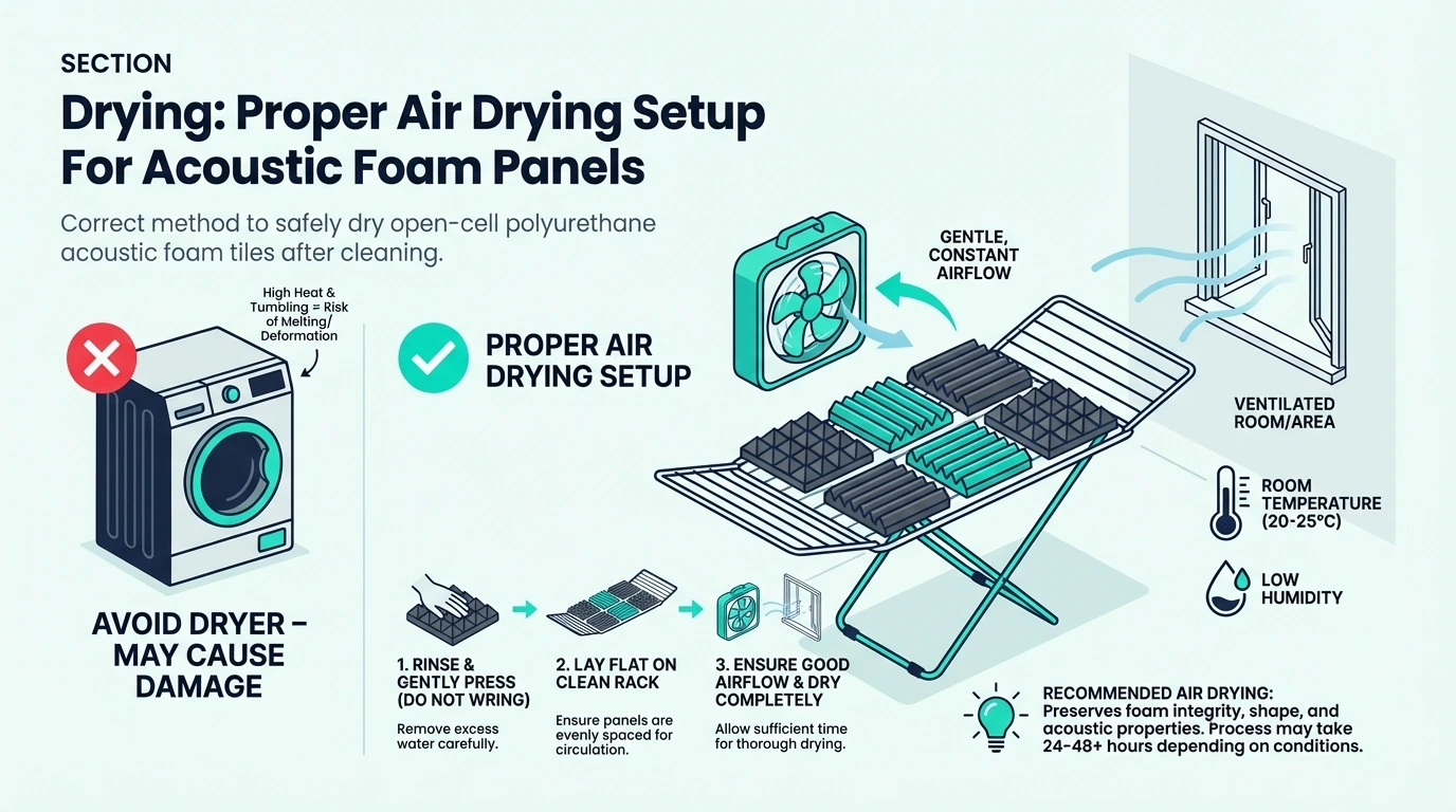 Air drying acoustic foam panels with space for airflow