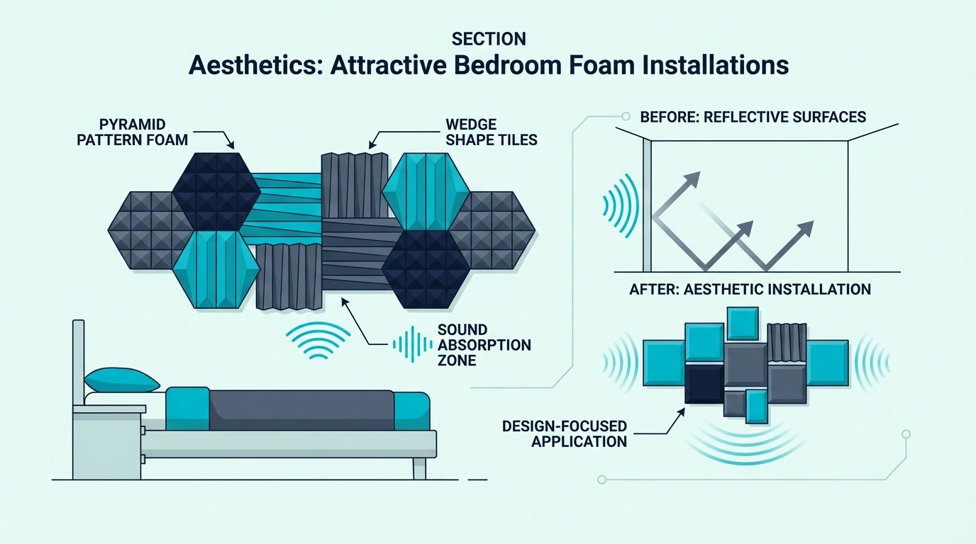 Neat, decorative acoustic foam arrangement in a bedroom workspace