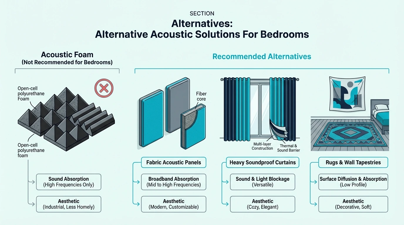 Bedroom acoustic alternatives like curtains, rug, and portable panels