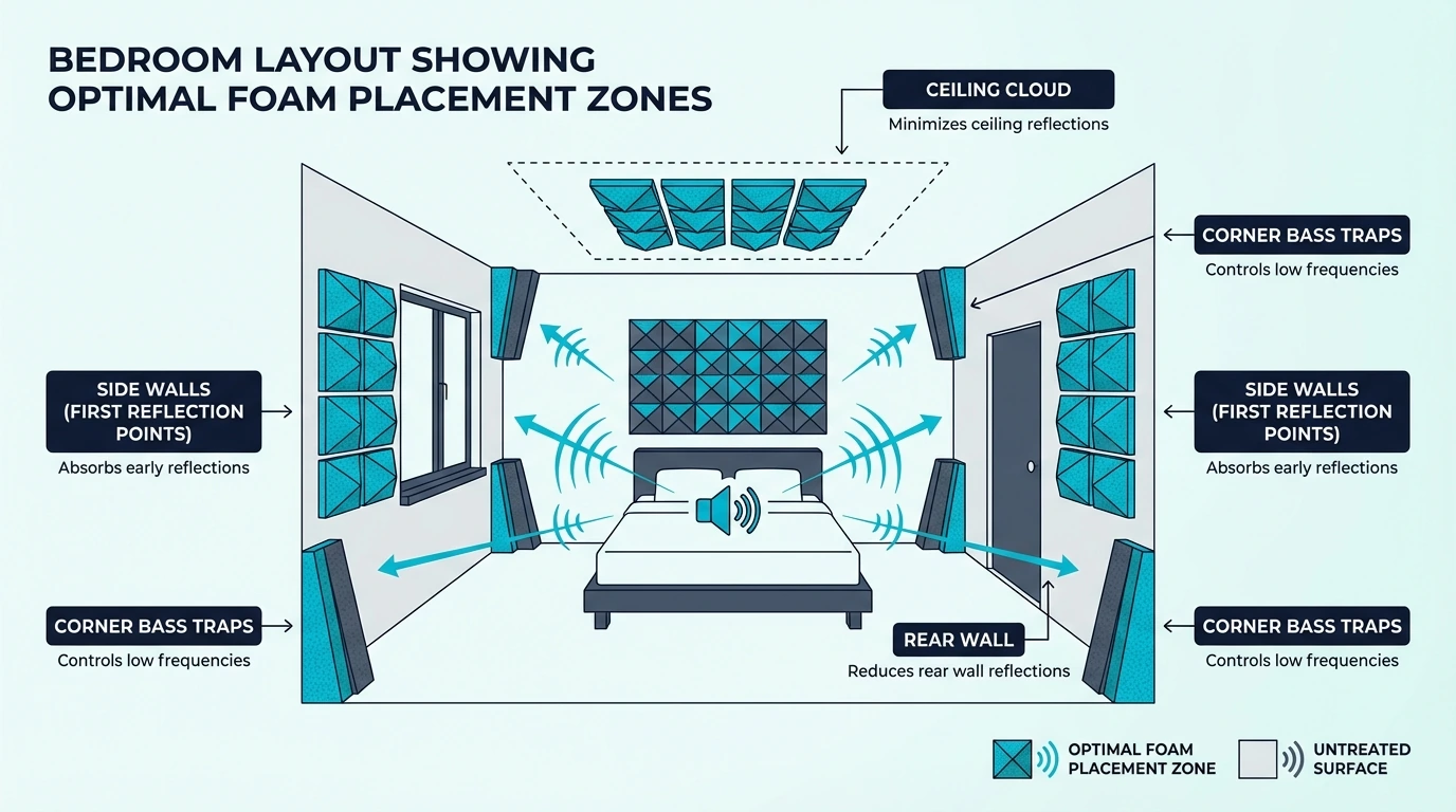 Bedroom layout showing where to place acoustic foam around a desk area
