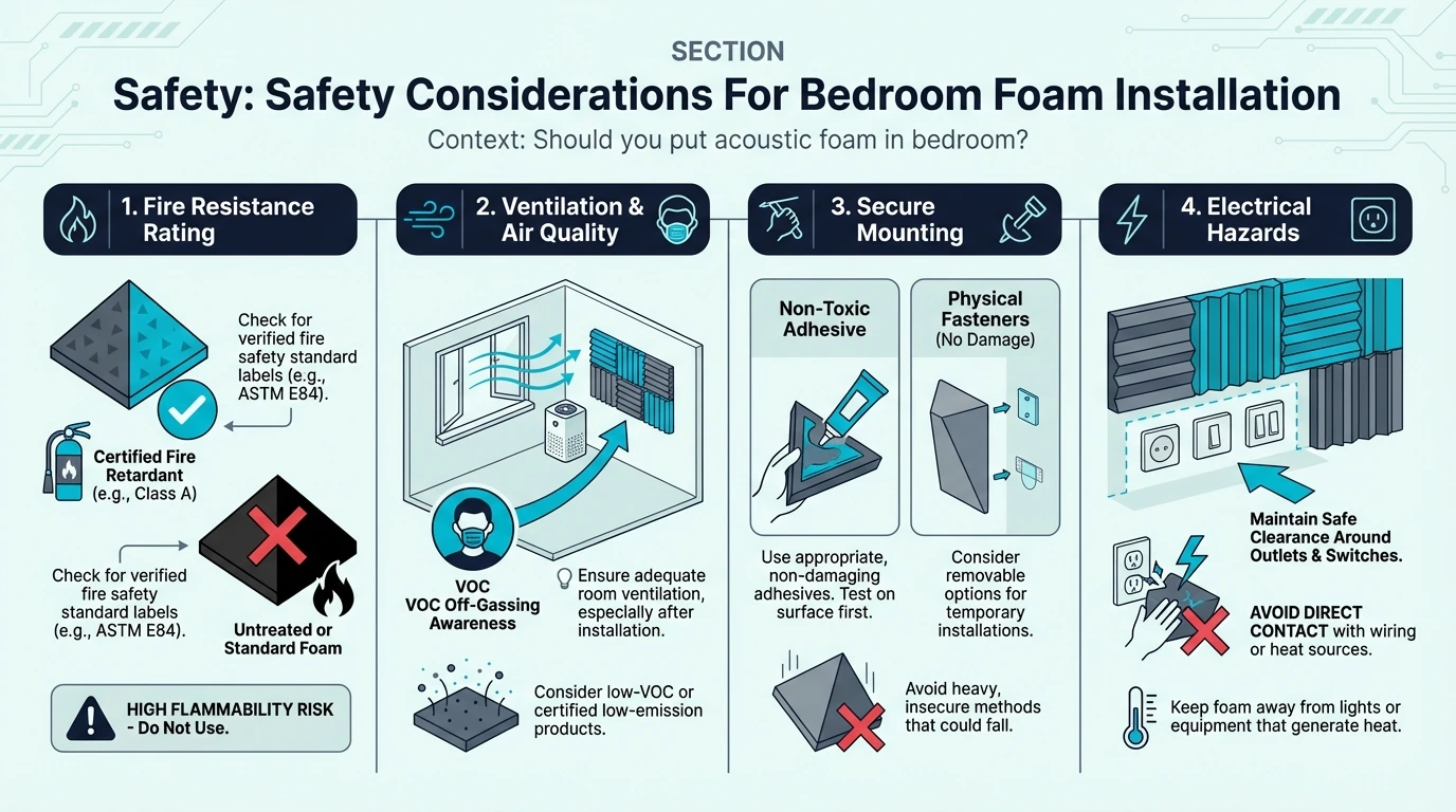 Bedroom acoustic foam installed safely away from bed and heat sources
