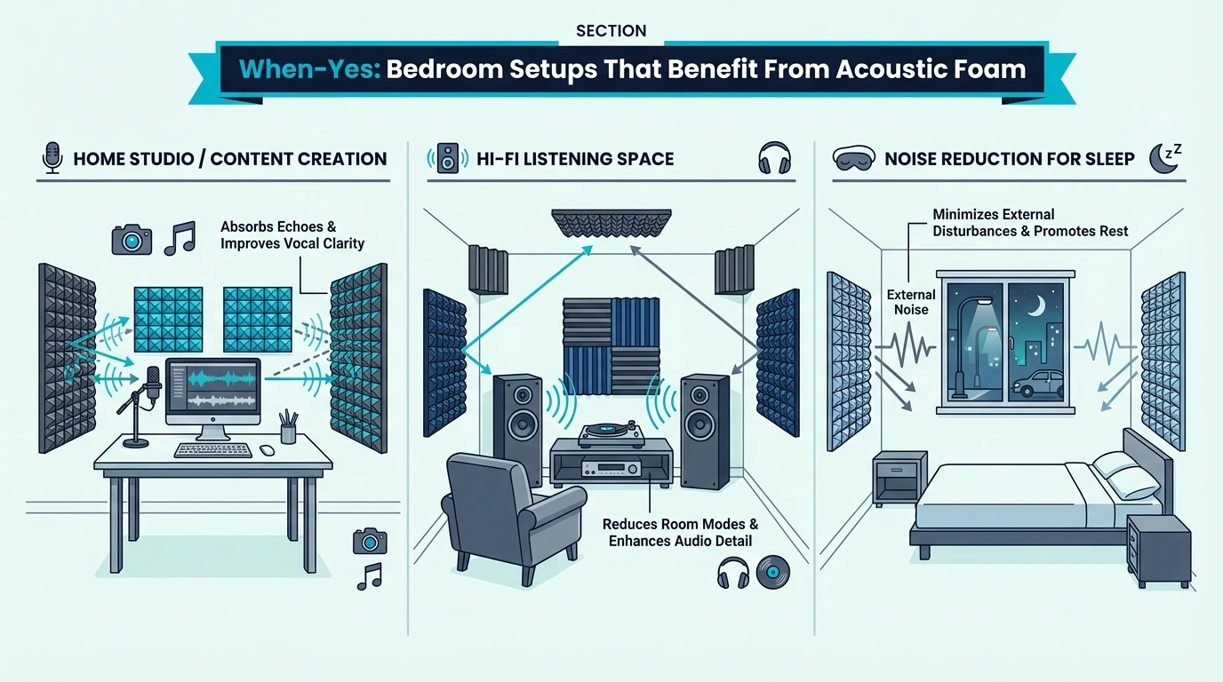 Bedroom recording or streaming setup with targeted acoustic foam
