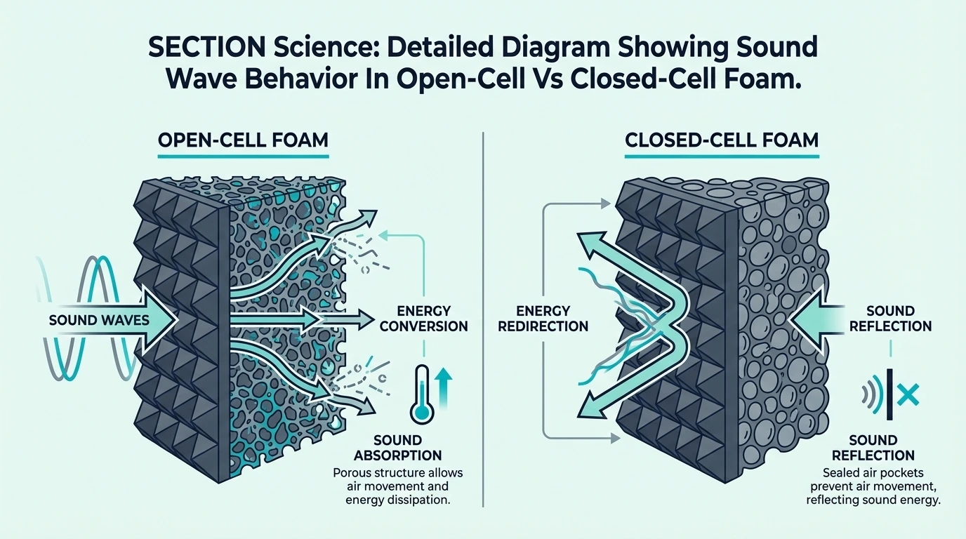 Diagram comparing open-cell vs closed-cell foam structure and sound interaction