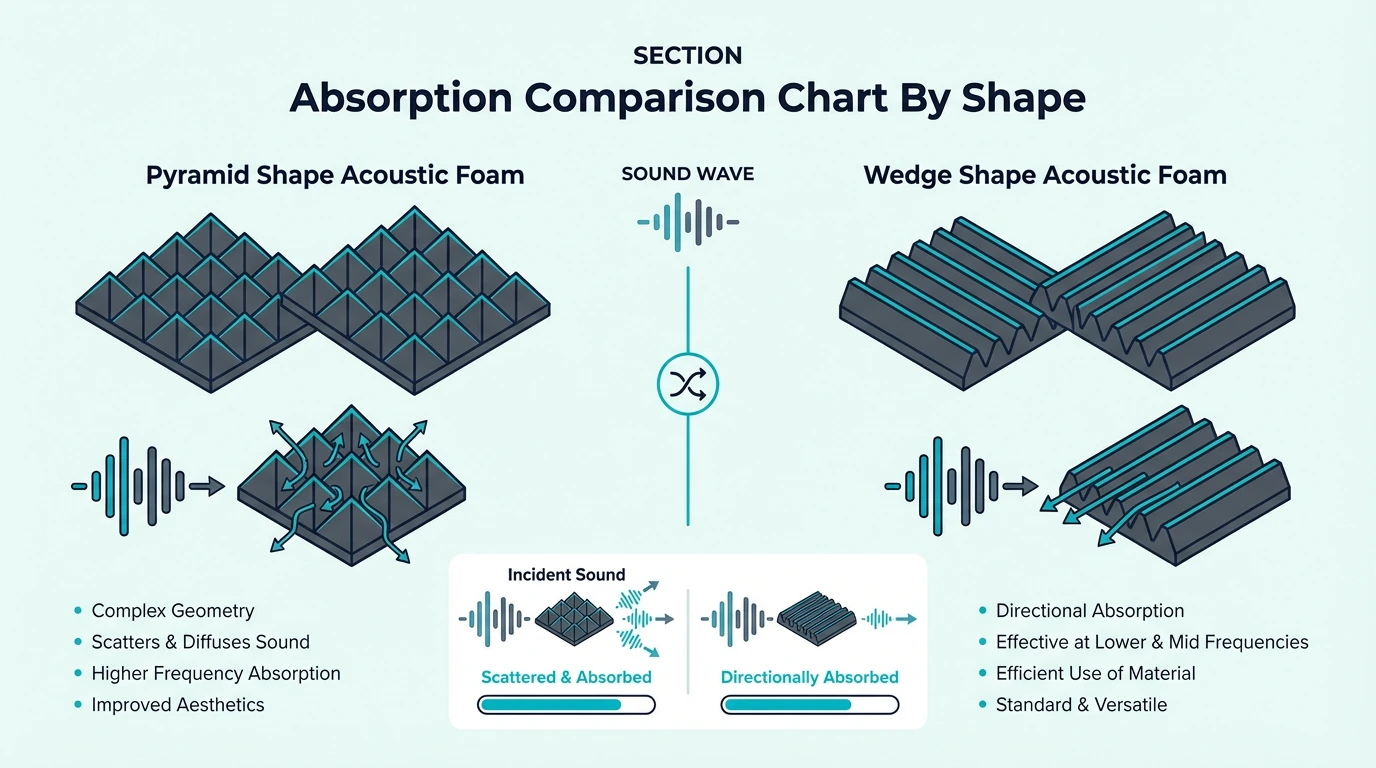 Absorption comparison chart for pyramid, wedge, and egg crate acoustic foam