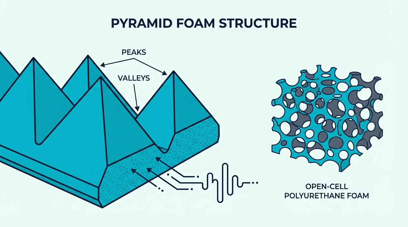 Close-up of pyramid acoustic foam showing four-sided peaks and valleys