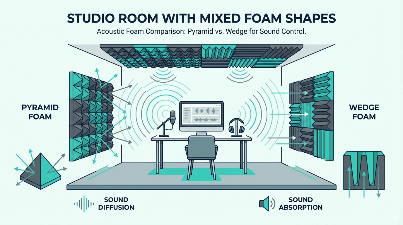 Home studio using a mix of acoustic foam shapes on different wall areas