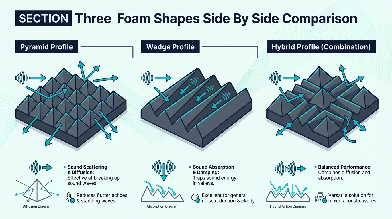 Side-by-side comparison of pyramid, wedge, and egg crate acoustic foam shapes
