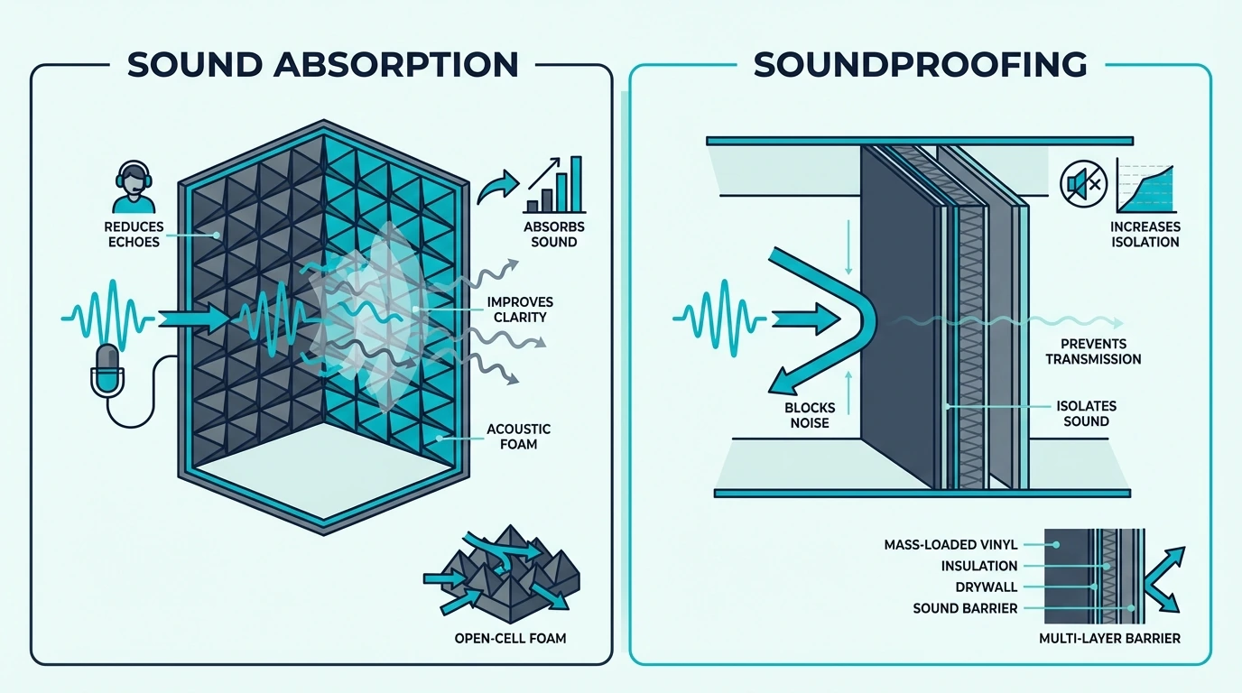 Sound absorption vs soundproofing diagram