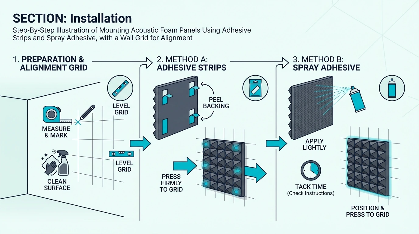Step-by-step acoustic foam panel mounting with adhesive strips
