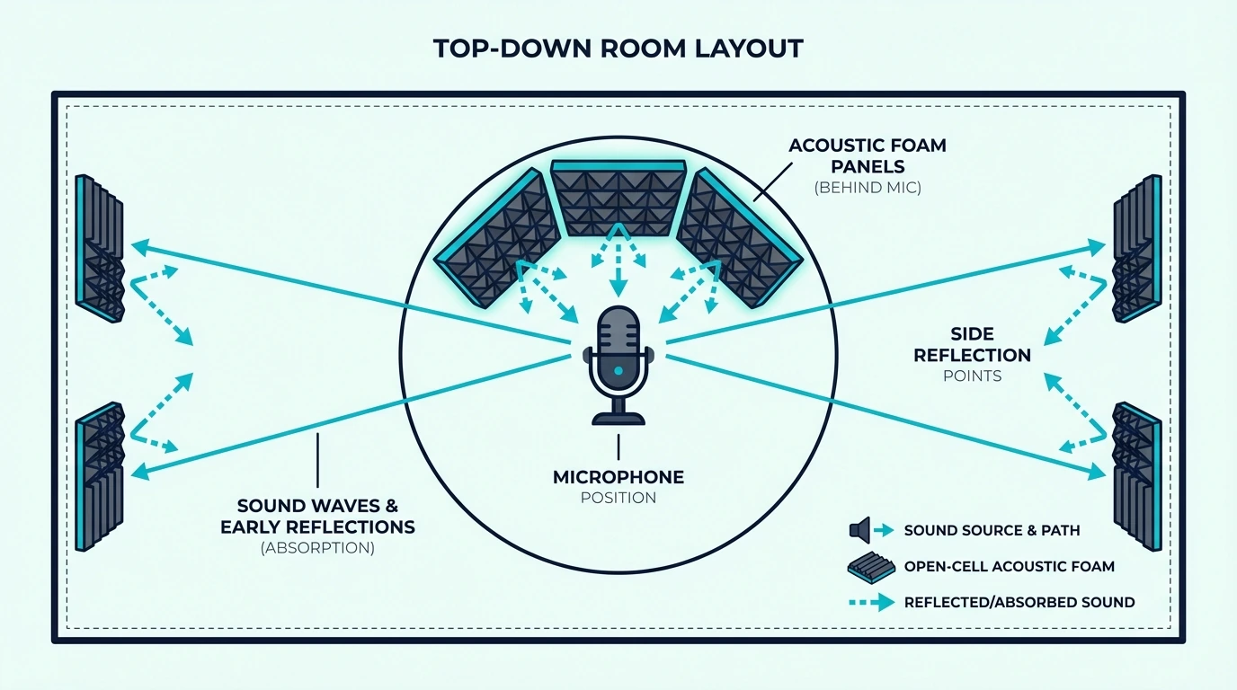 Top-down room layout showing foam placement at reflection points