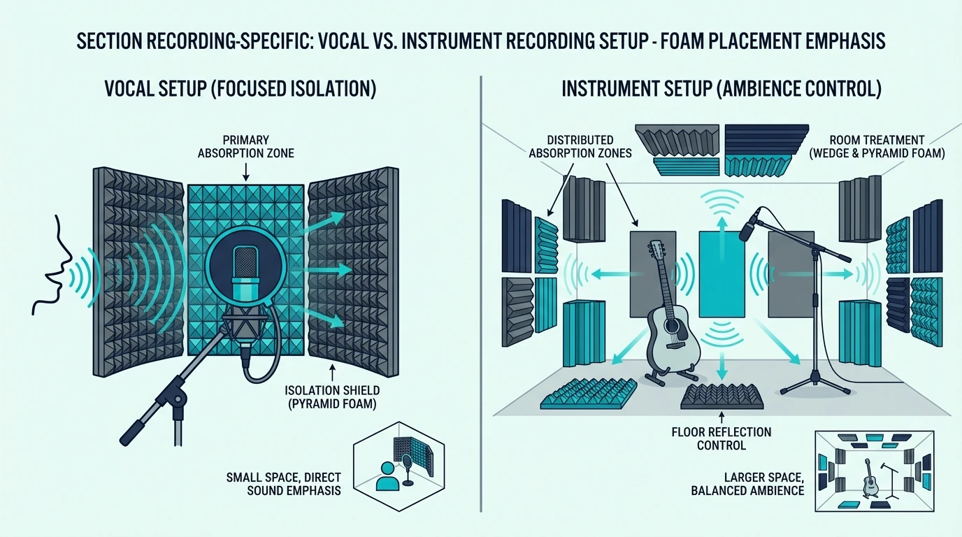 Vocal vs instrument recording setup foam placement comparison