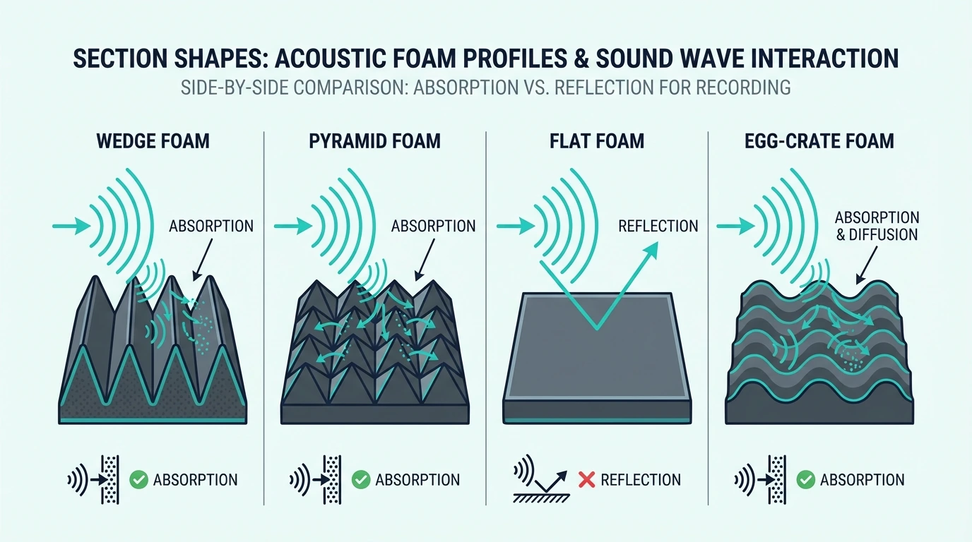 Wedge, pyramid, flat, and egg-crate foam profile comparison