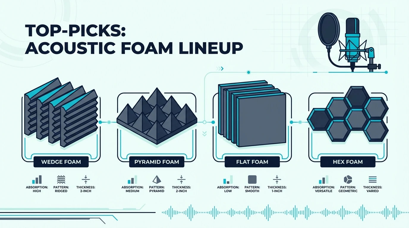 Acoustic foam shapes compared: wedge, pyramid, flat, and hexagon