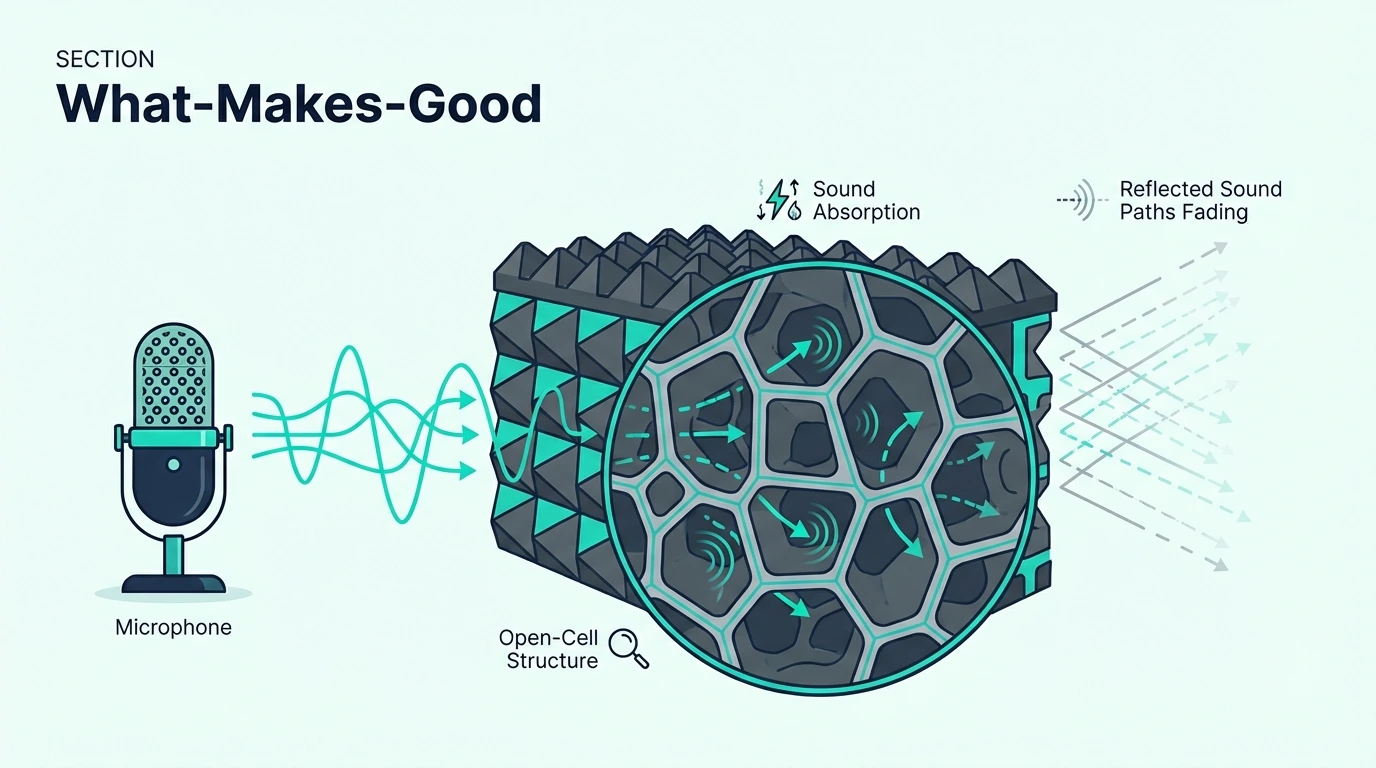 Open-cell acoustic foam structure absorbing sound waves near a microphone