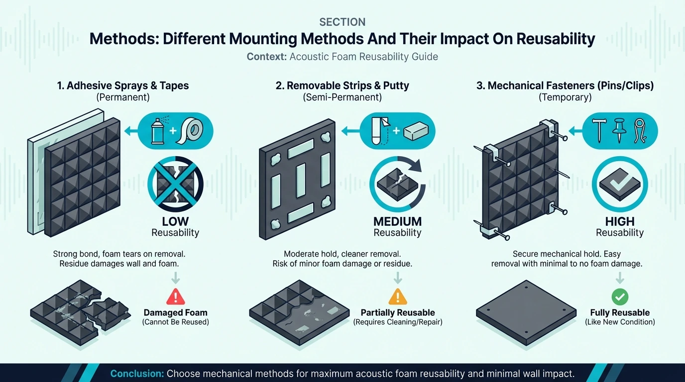 Different acoustic foam mounting methods and their impact on reuse