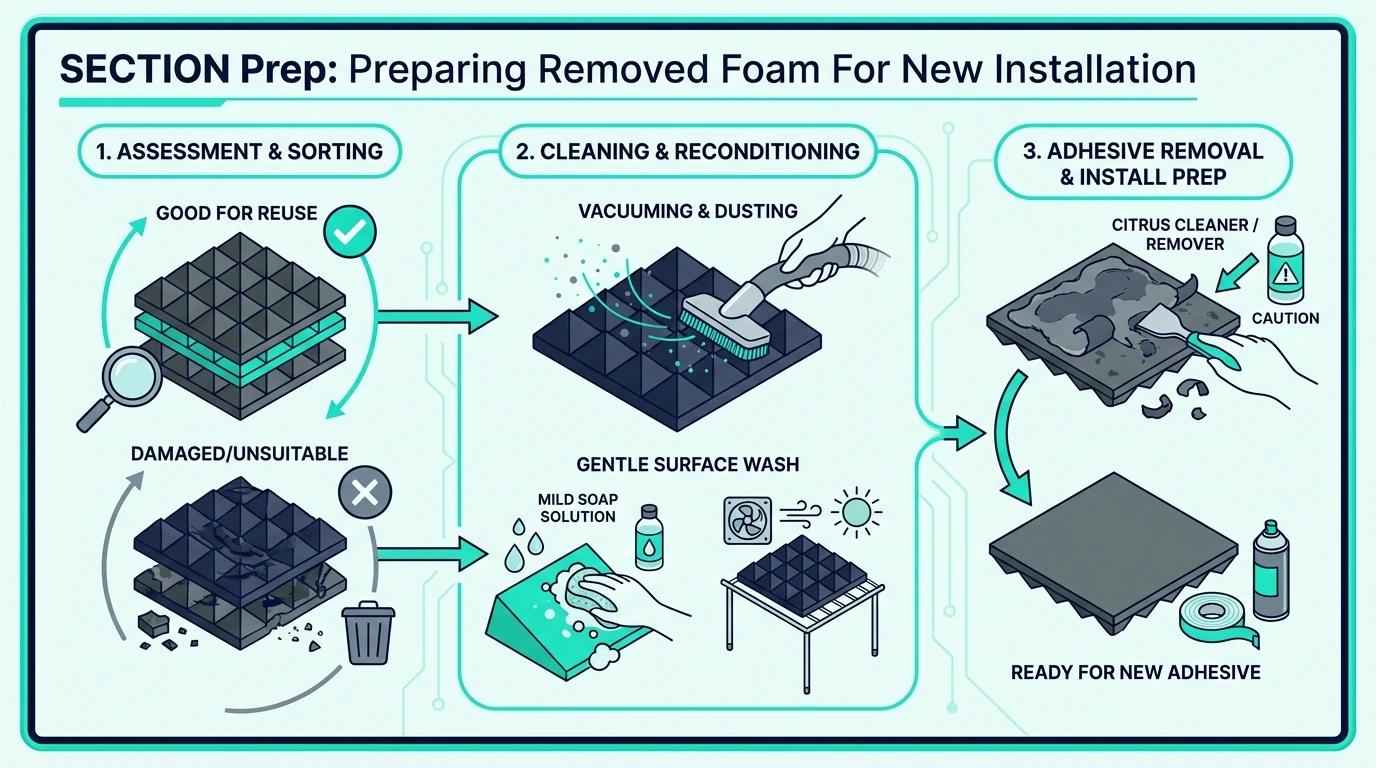 Cleaning and preparing old acoustic foam panels before reinstalling
