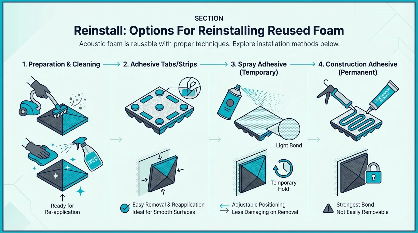 Reinstallation options for reused acoustic foam (removable vs permanent)